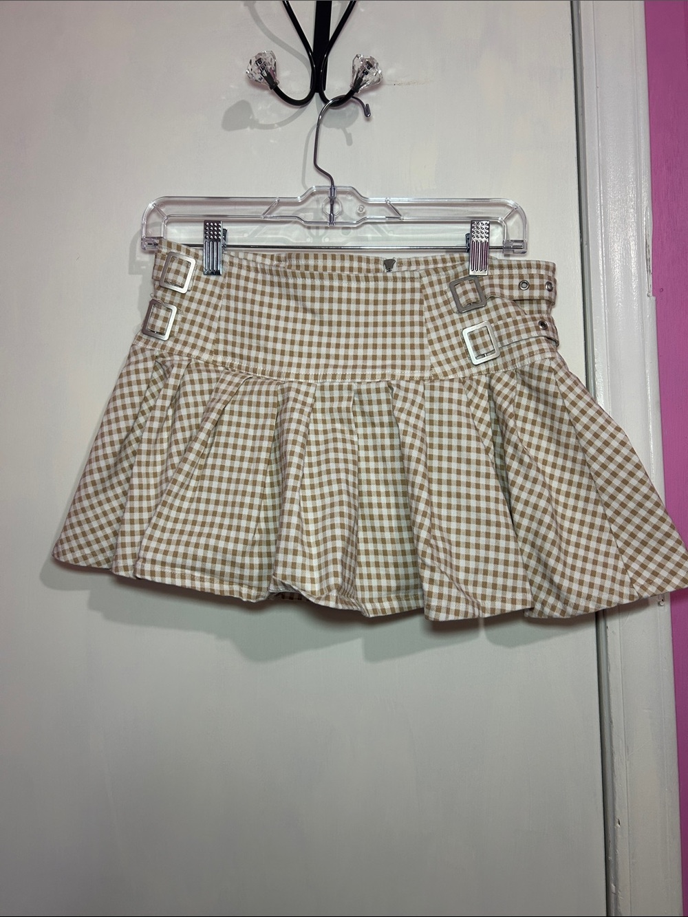 Almost Famous Tan & White Gingham Circle Skirt with Buckle Accents